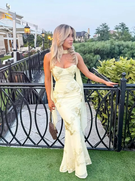 Flower Embroidery Sling Maxi Dress Women Sleeveless Off Shoulder Backless Solid Elegant Long Robe Lady Chic Evening Party Gown