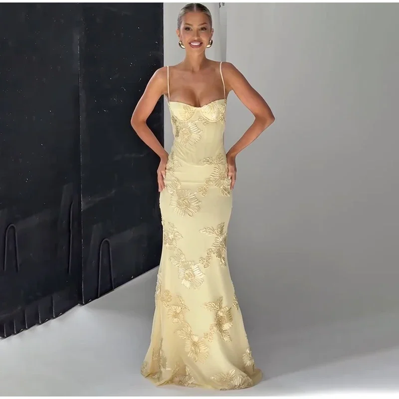 Flower Embroidery Sling Maxi Dress Women Sleeveless Off Shoulder Backless Solid Elegant Long Robe Lady Chic Evening Party Gown