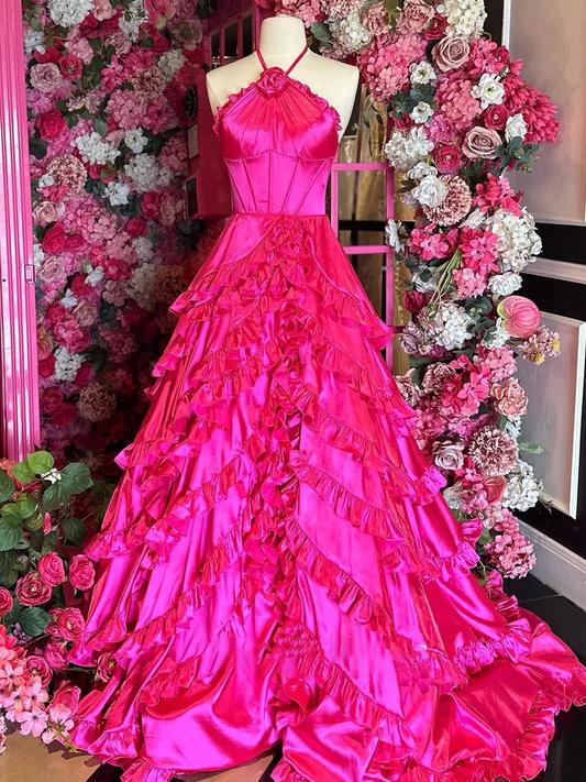 Fuchsia Halter Neck Tiered Ruffles Long Prom Dress