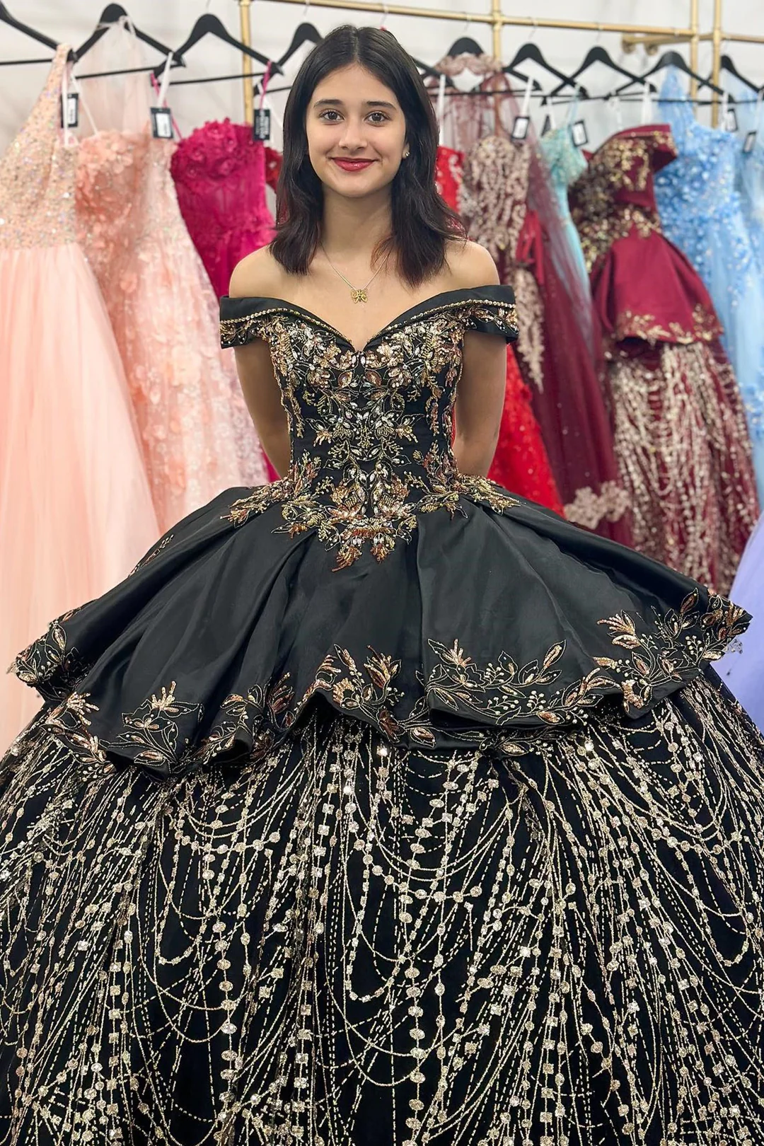 Glamorous Black Appliques Off-the-Shoulder Ball Gown
