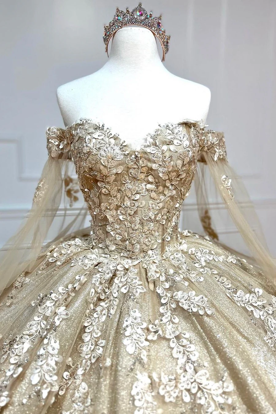Glamorous Gold Sweetheart Ball Gown with Cape Sleeves