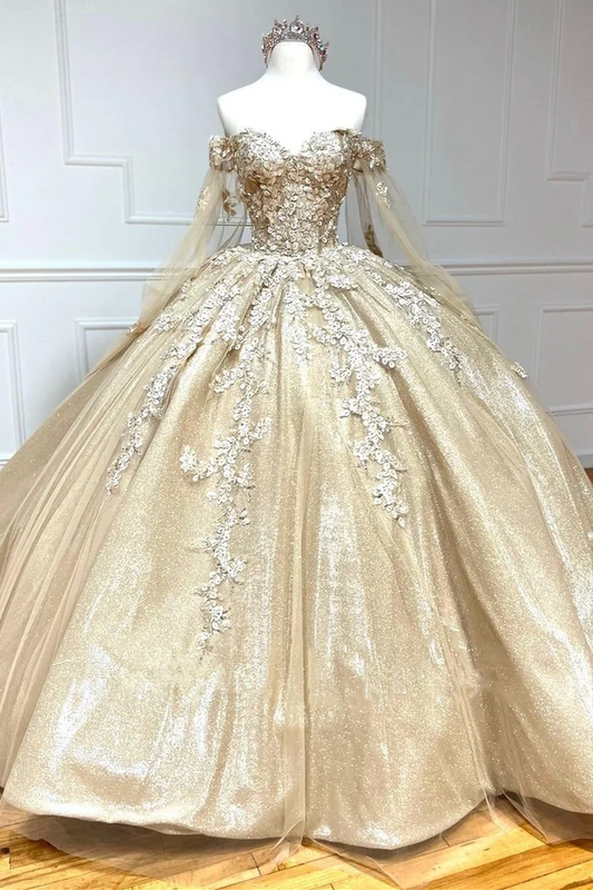 Glamorous Gold Sweetheart Ball Gown with Cape Sleeves