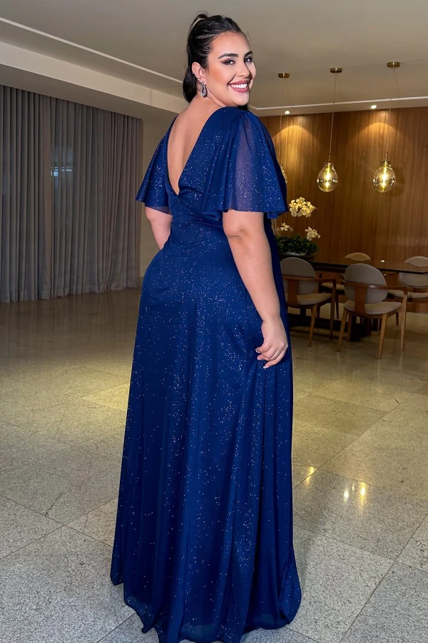 Glitter A-Line V Neck Half Sleeves Plus Size High Side Slit and Train Prom Party Dress Evening Formal Gown