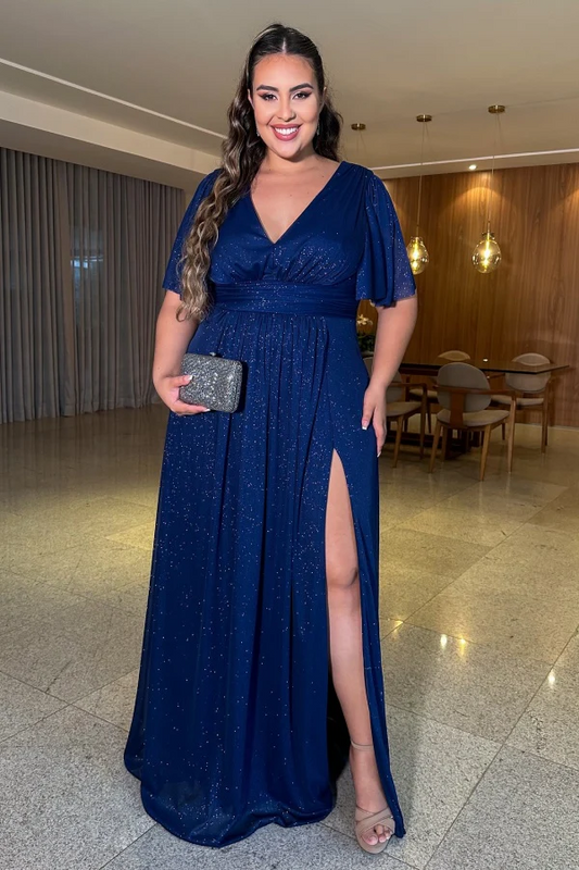 Glitter A-Line V Neck Half Sleeves Plus Size High Side Slit and Train Prom Party Dress Evening Formal Gown