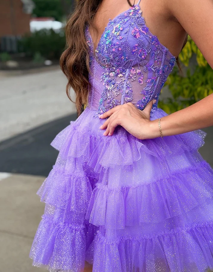 Glitter Lavender Tulle Ruffled Short Corset Homecoming Dress with Sequins