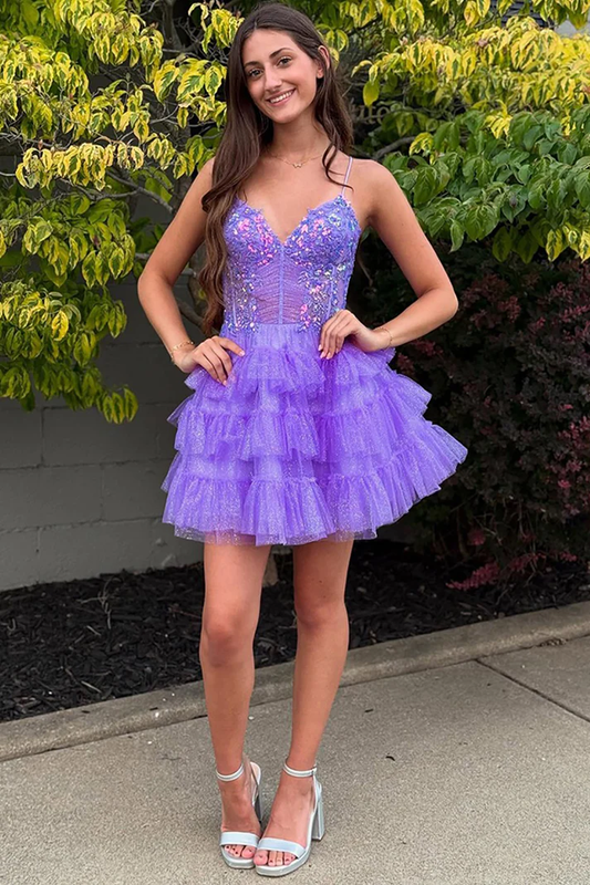 Glitter Lavender Tulle Ruffled Short Corset Homecoming Dress with Sequins