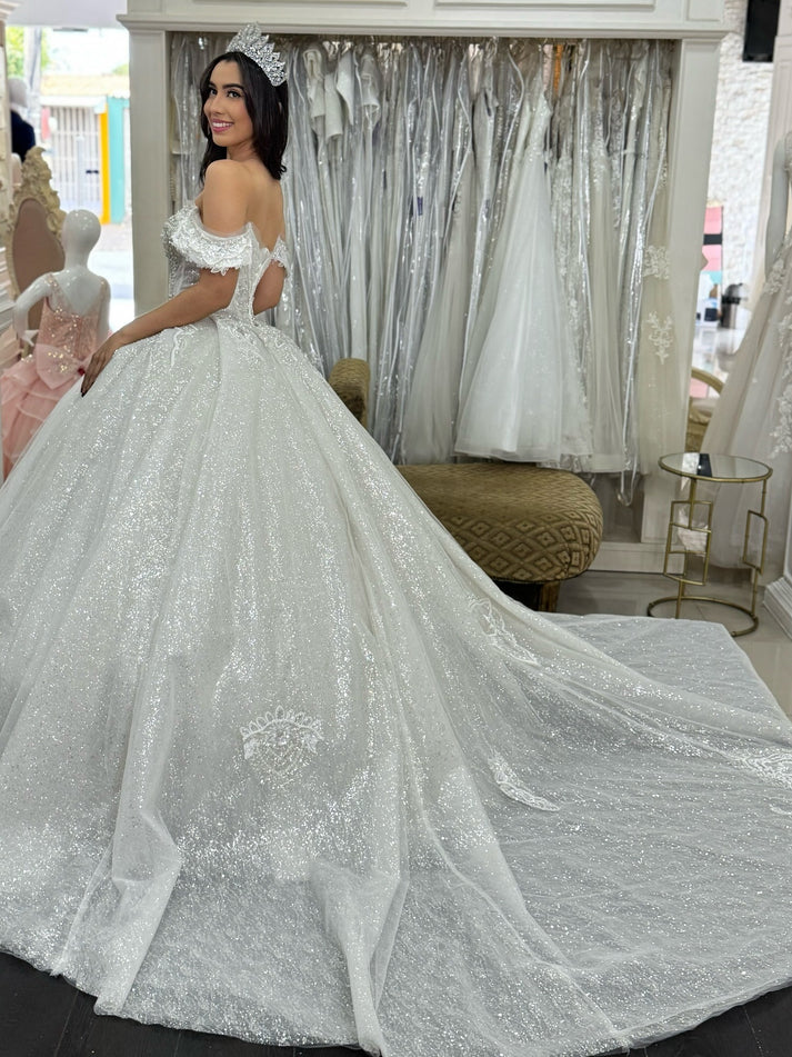 Glittery Sequin Beaded Off Shoulder Wedding Dresses Princess Bride Wedding Gowns