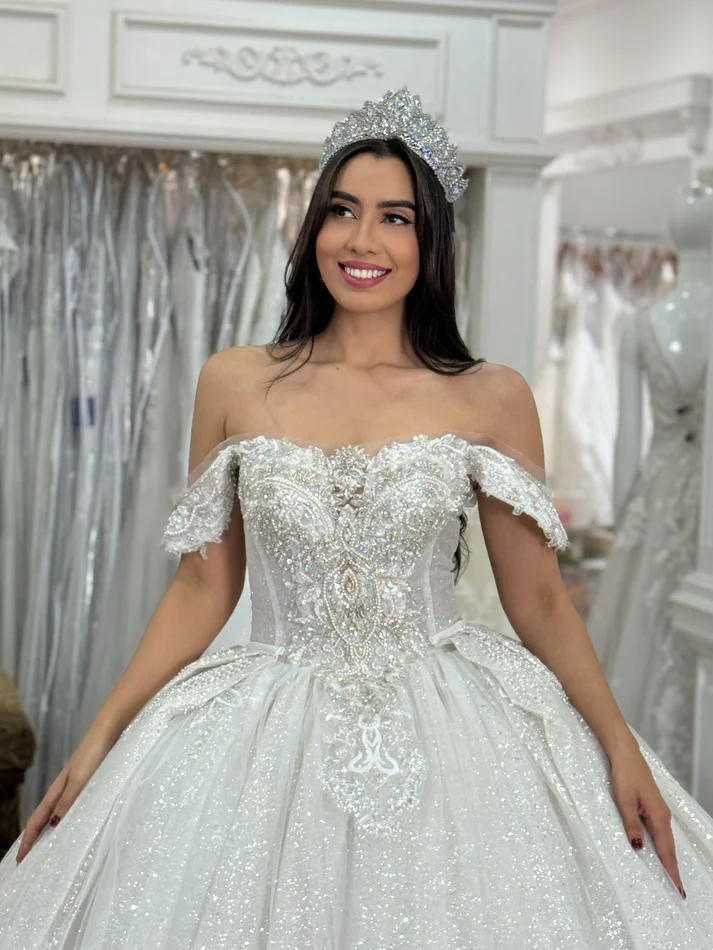 Glittery Sequin Beaded Off Shoulder Wedding Dresses Princess Bride Wedding Gowns