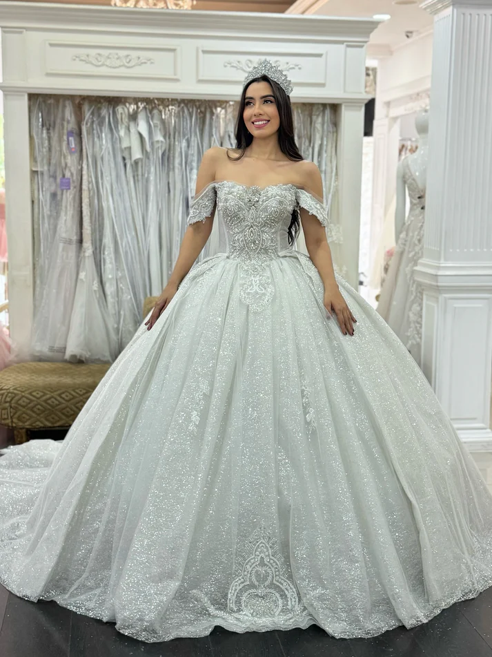 Glittery Sequin Beaded Off Shoulder Wedding Dresses Princess Bride Wedding Gowns