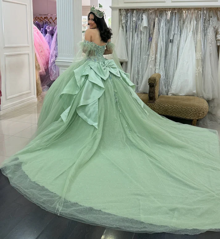 Glittery Tulle Appliqued Corset Off Shoulder Green Quinceanera Dresses for Sweet 15