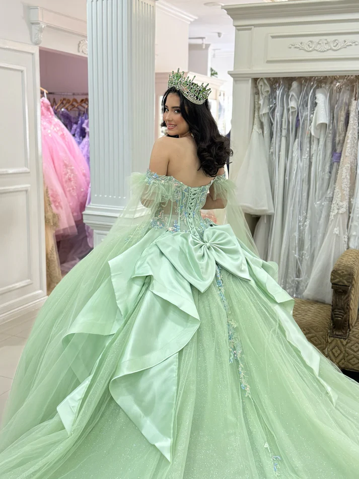 Glittery Tulle Appliqued Corset Off Shoulder Green Quinceanera Dresses for Sweet 15