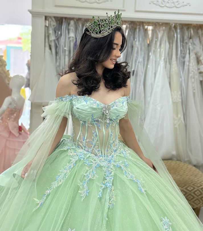Glittery Tulle Appliqued Corset Off Shoulder Green Quinceanera Dresses for Sweet 15