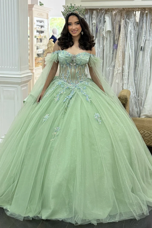 Glittery Tulle Appliqued Corset Off Shoulder Green Quinceanera Dresses for Sweet 15