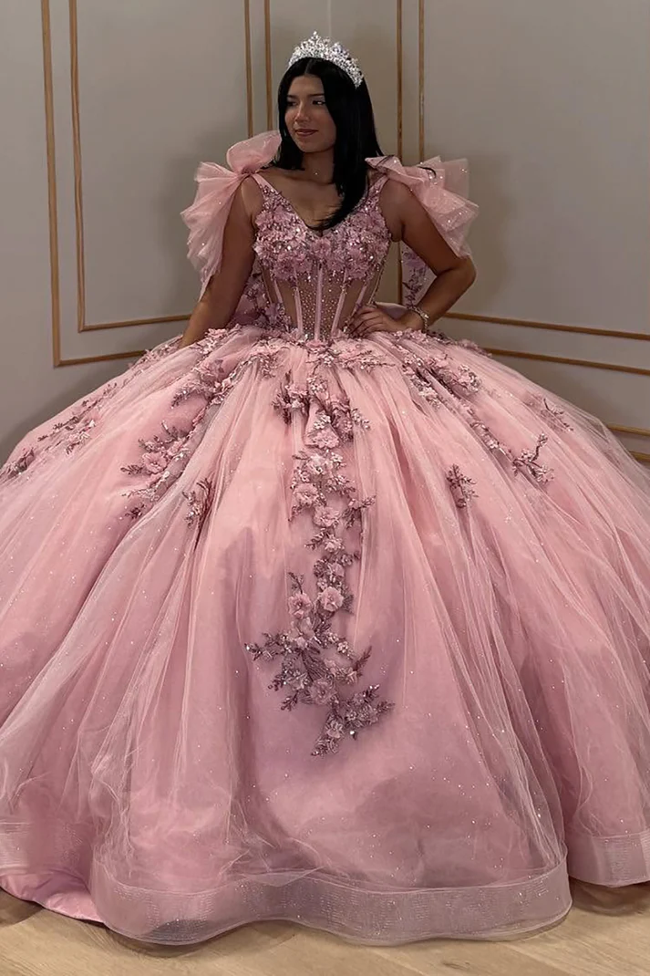 Glittery Tulle Lace Appliqued V Neck Pink Quinceanera Dresses for Sweet 16