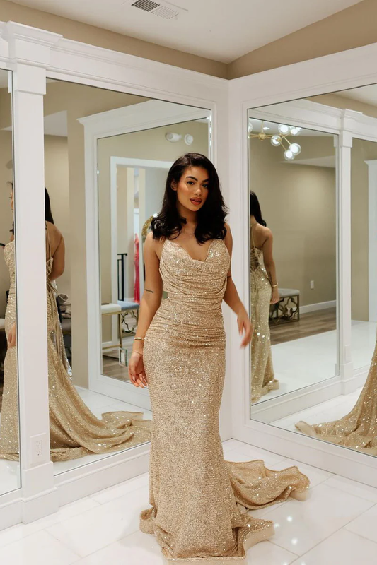 Gold Cowl Neck Sequins Mermaid Long Prom Dresses