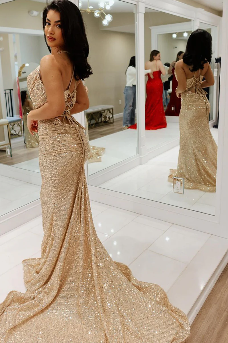 Gold Cowl Neck Sequins Mermaid Long Prom Dresses