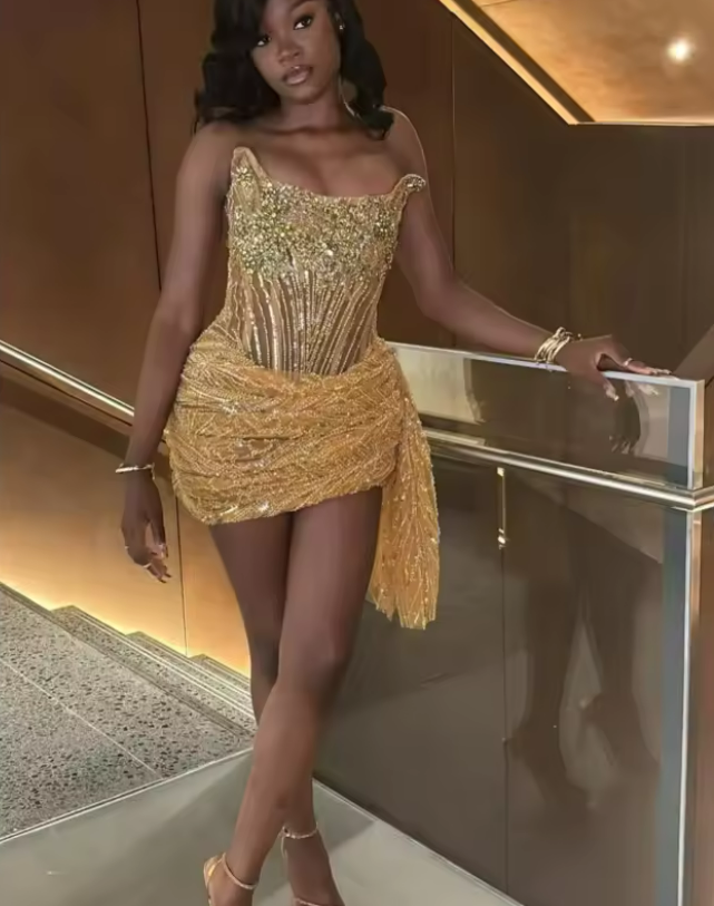 Gold Prom Evening Sheath Lace Crystals Mini Short Party Graduation Homecoming Birthday Holiday Club Gowns Dress