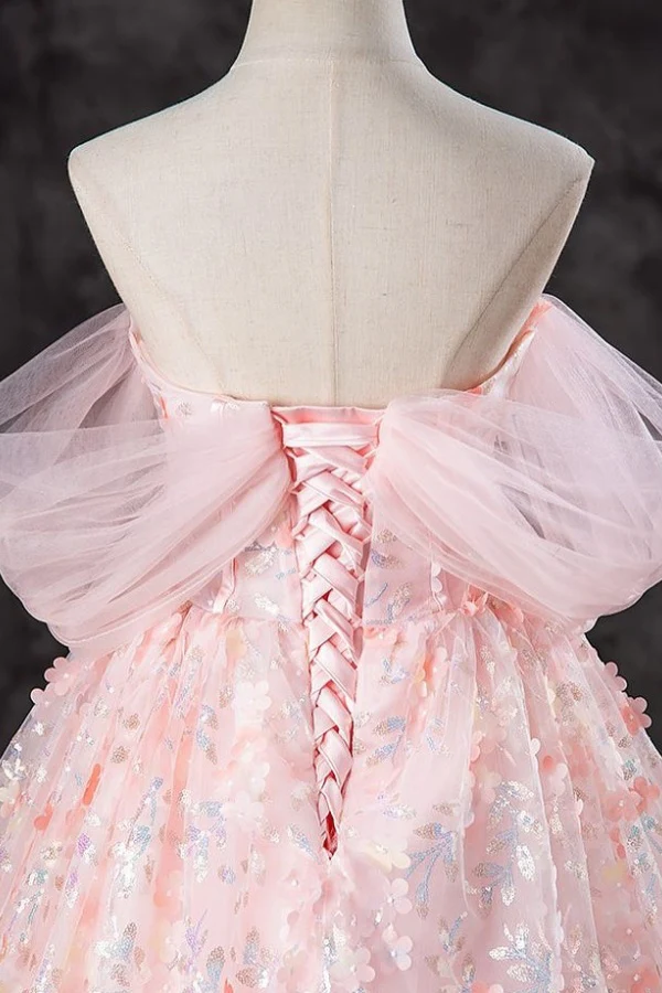 Gorgeous A-Line Off Shoulder Sleeveless Pleated Ruched Fully Sequins Appliques Pink Tulle Prom Party Dress Formal Evening Gown Birthday Party Dress