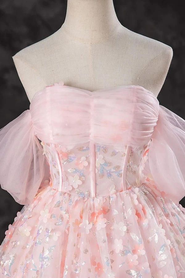 Gorgeous A-Line Off Shoulder Sleeveless Pleated Ruched Fully Sequins Appliques Pink Tulle Prom Party Dress Formal Evening Gown Birthday Party Dress