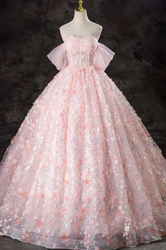 Gorgeous A-Line Off Shoulder Sleeveless Pleated Ruched Fully Sequins Appliques Pink Tulle Prom Party Dress Formal Evening Gown Birthday Party Dress