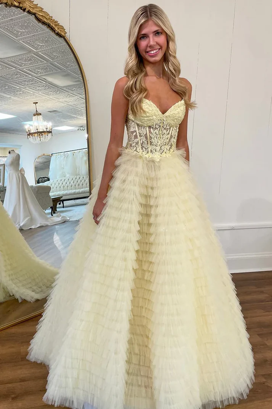 Gorgeous A-Line Strapless Sleeveless Appliques Pleated Tulle Tiered Prom Party Dress Formal Evening Gown