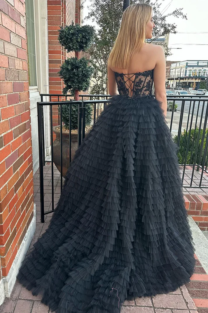 Gorgeous A-Line Strapless Sleeveless Appliques Pleated Tulle Tiered Prom Party Dress Formal Evening Gown