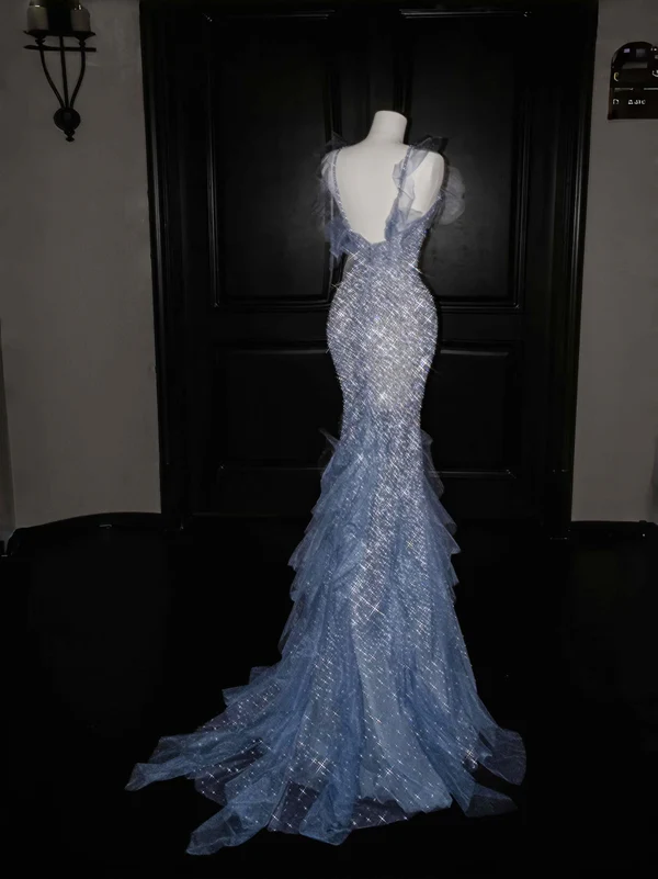 Gorgeous Mermaid Halter Blue Sequin Long Prom Dress Party Dress Graduation Dresses