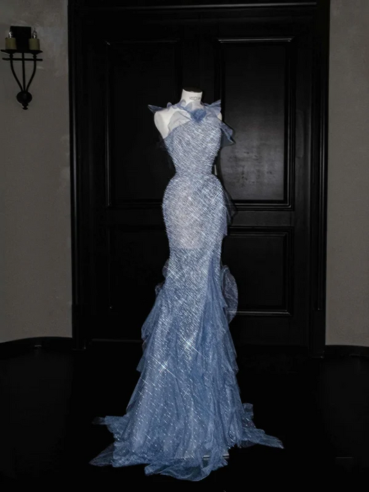 Gorgeous Mermaid Halter Blue Sequin Long Prom Dress Party Dress Graduation Dresses