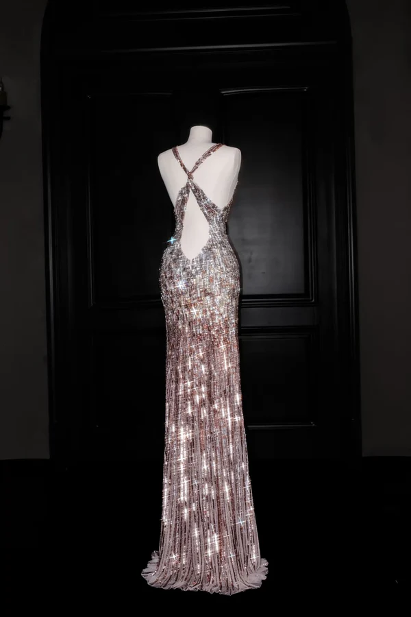Gorgeous Mermaid V Neck Pink Sequin Long Prom Dress Party Dress Graduation Dresses