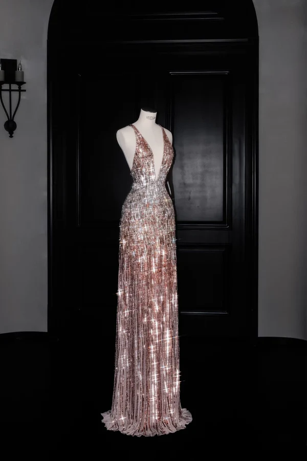 Gorgeous Mermaid V Neck Pink Sequin Long Prom Dress Party Dress Graduation Dresses