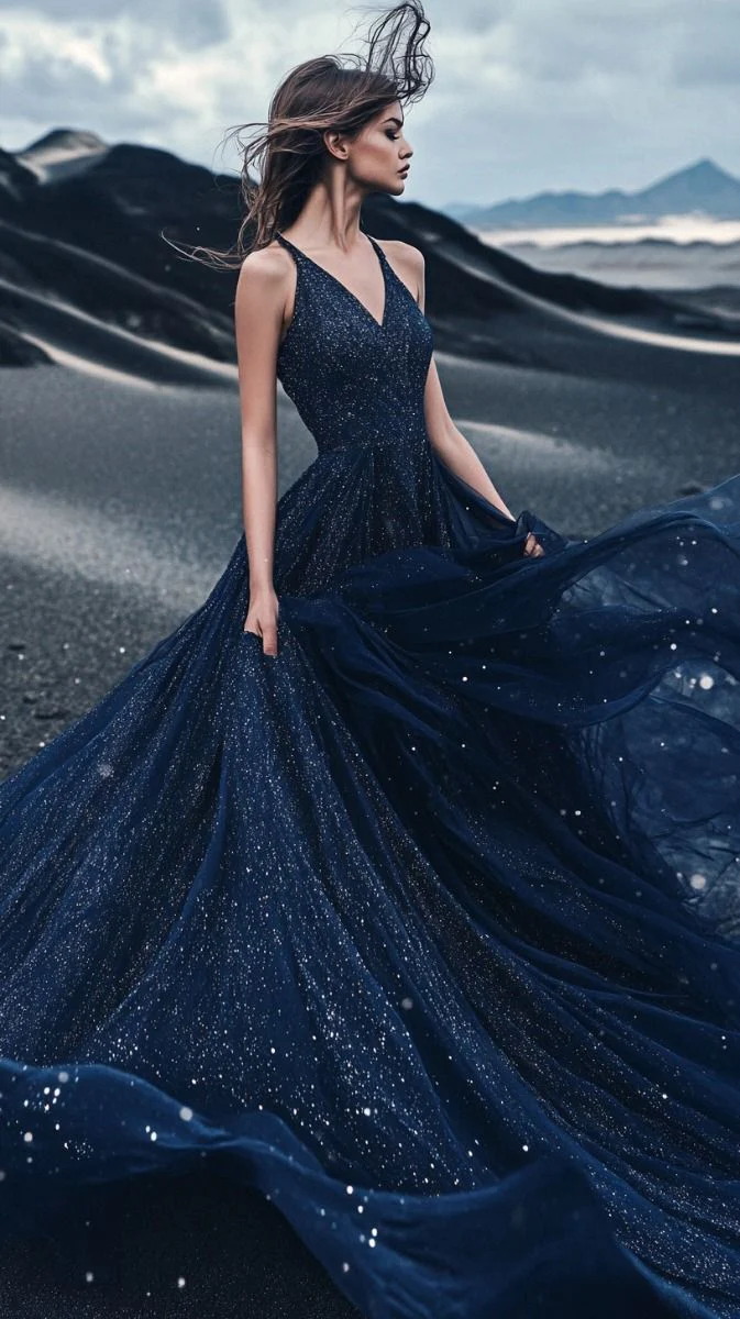 Gorgeous Sequin Tulle A Line Prom Dress,Navy Blue V Neck Evening Dress Wedding Dress