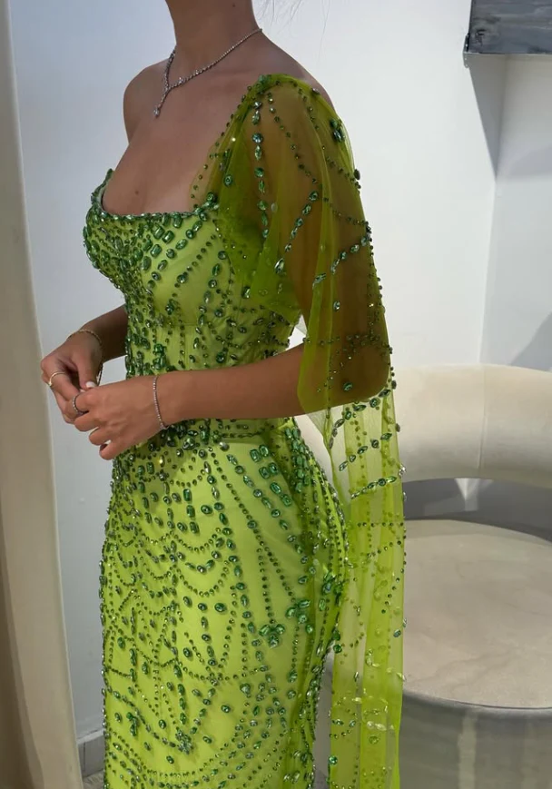Green Sheath Strapless Rhinestone Tulle Prom Dress Evening Dress