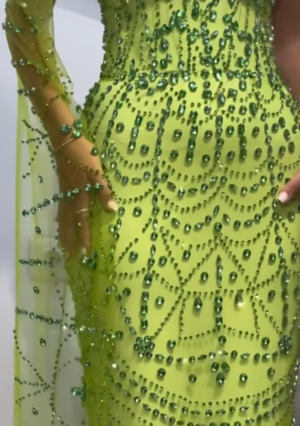 Green Sheath Strapless Rhinestone Tulle Prom Dress Evening Dress