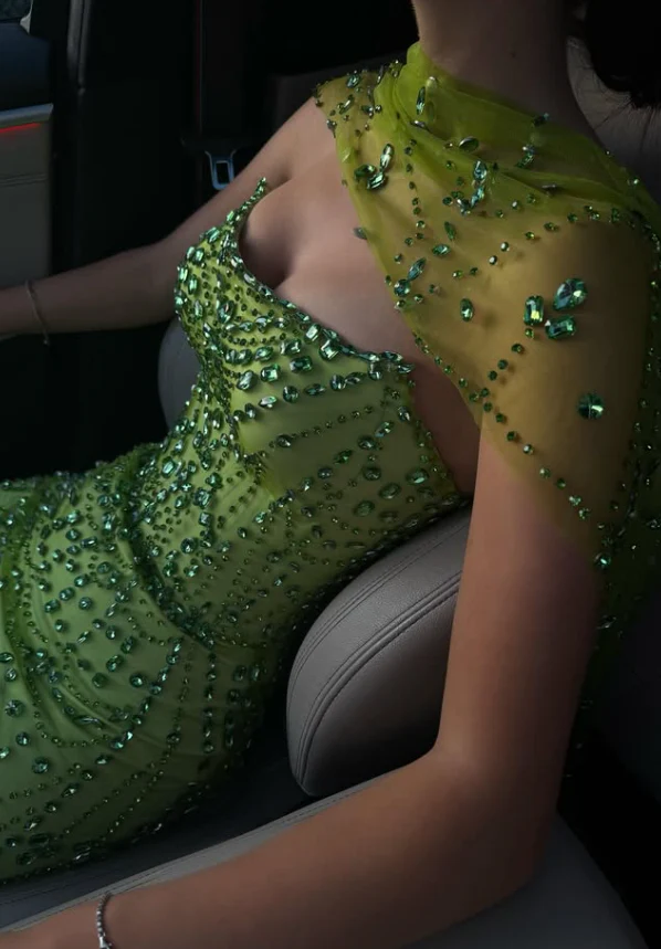 Green Sheath Strapless Rhinestone Tulle Prom Dress Evening Dress