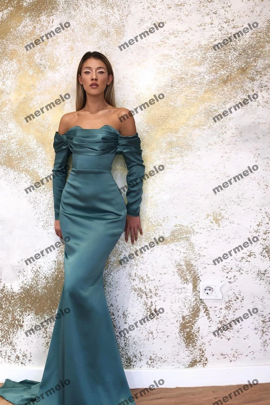 Mermaid Long Sleeves Evening Dresses Off The Shoulder Elegant Satin Women Formal Prom Party Pageant Dress Plus Size Custom Made