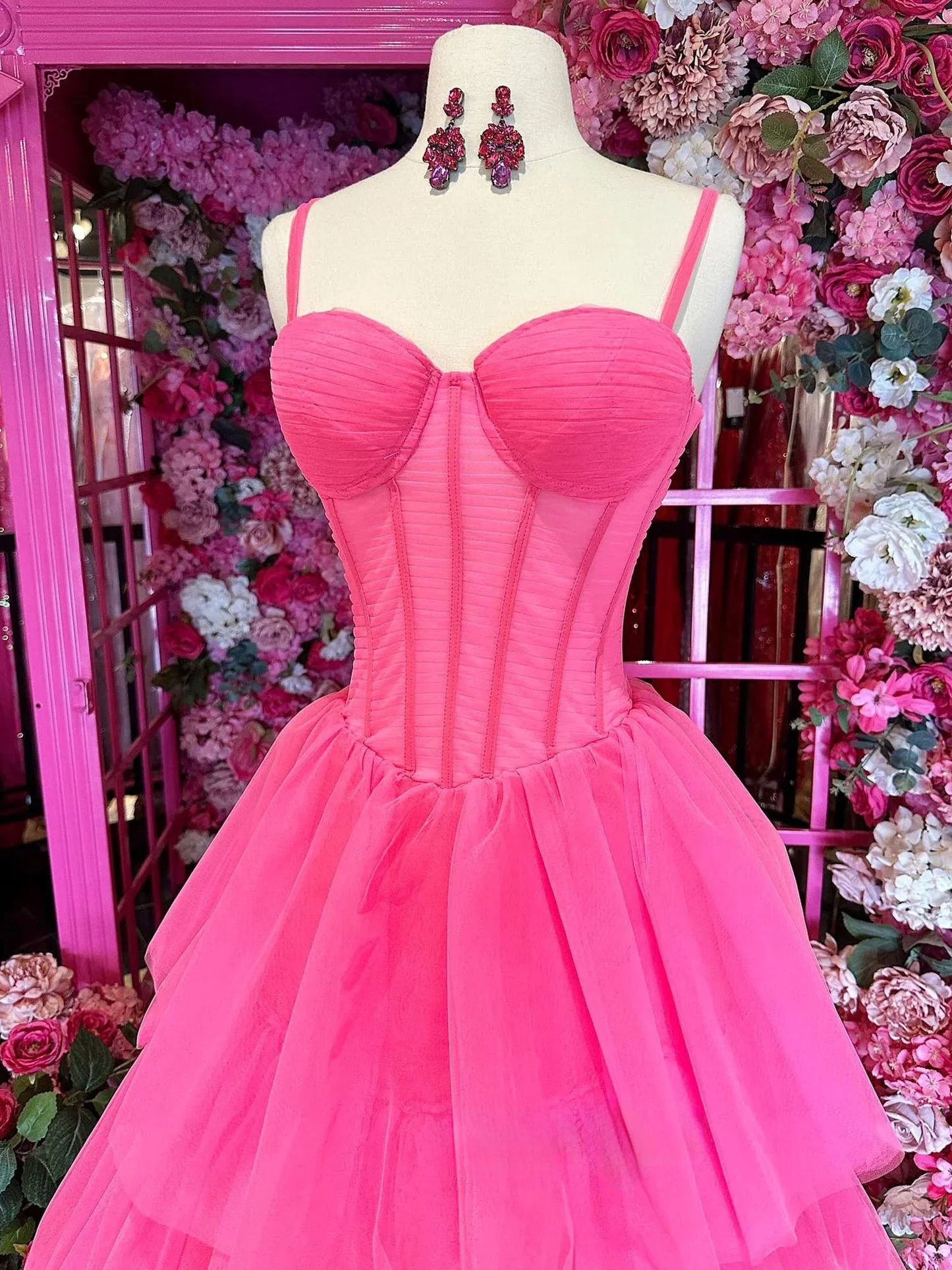 Hot Pink Ball Gown Tiered Tulle Long Prom Dress