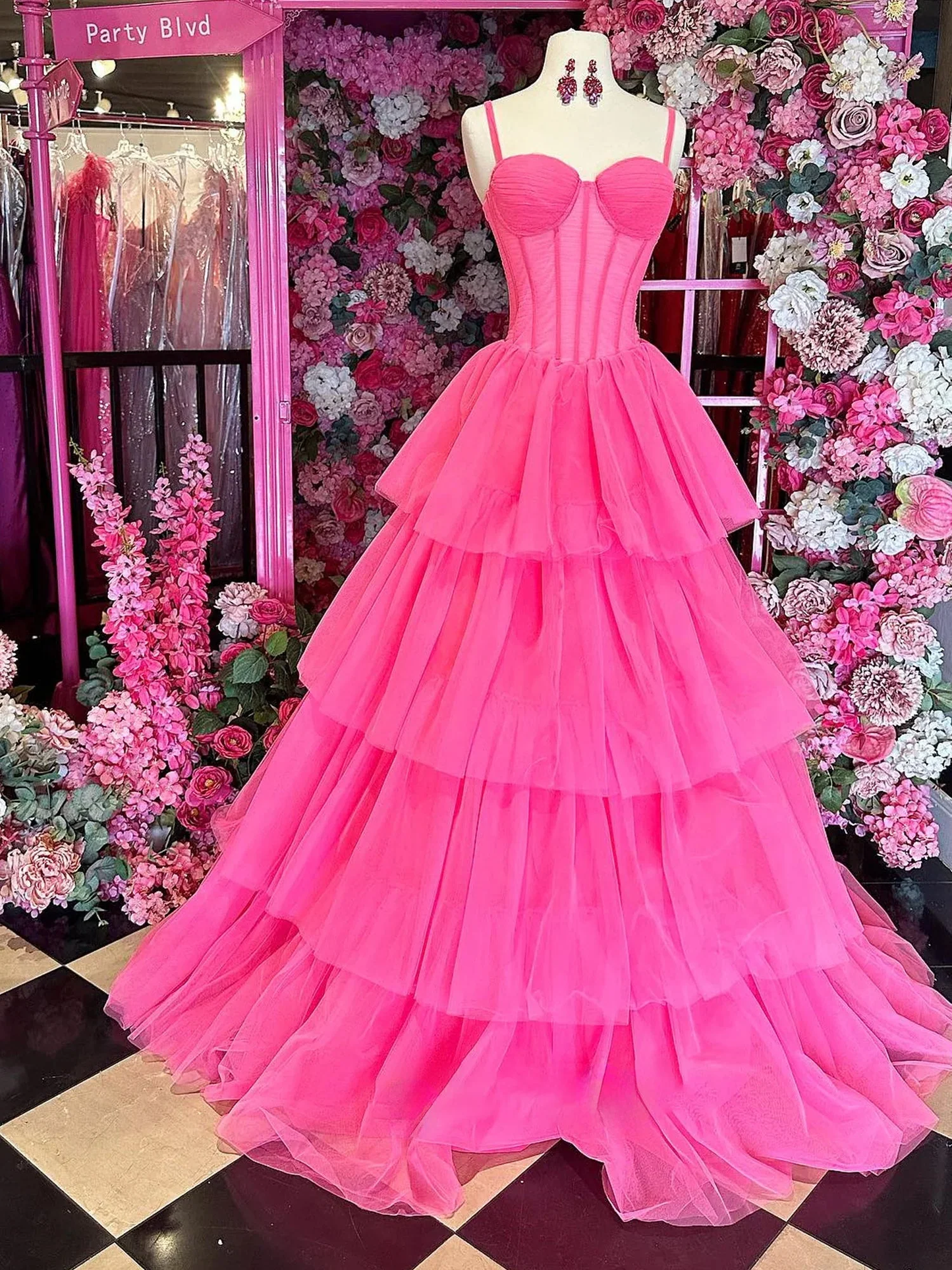 Hot Pink Ball Gown Tiered Tulle Long Prom Dress