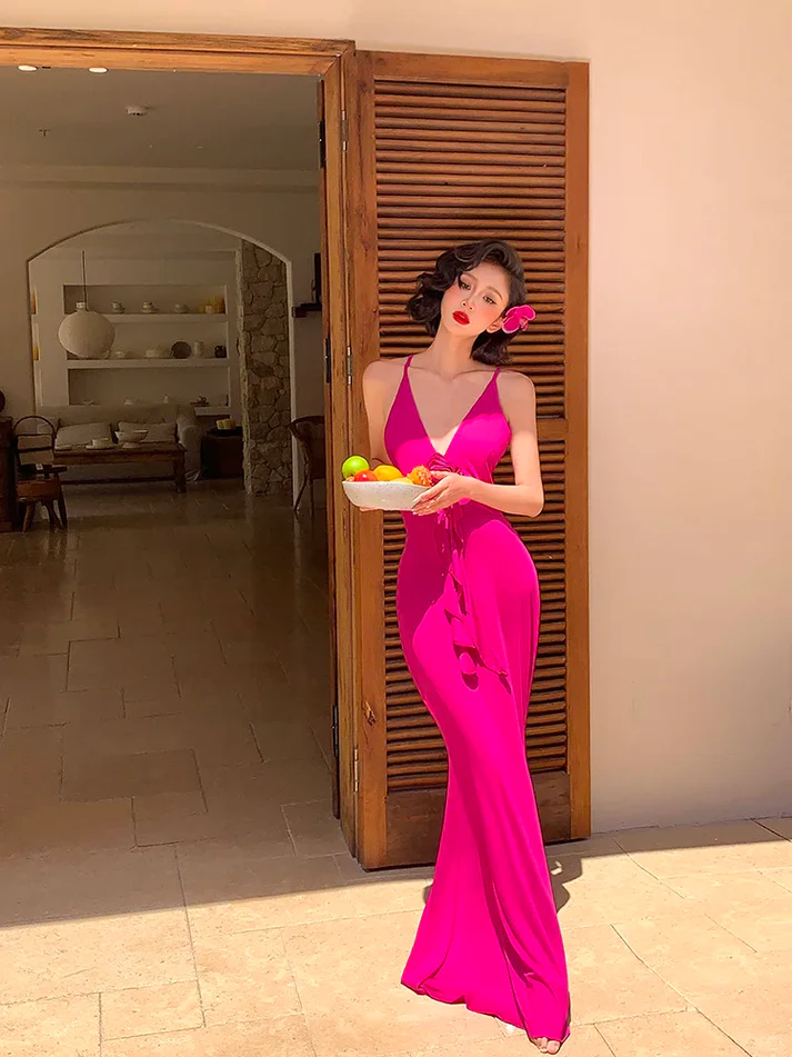 Hot Pink Sheath Spaghetti Strap Sexy Satin Long Prom Dress Evening Dress