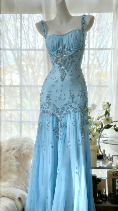 Ivory A Line Straps Beaded Chiffon Long Prom Dress Graduation Prom Dress