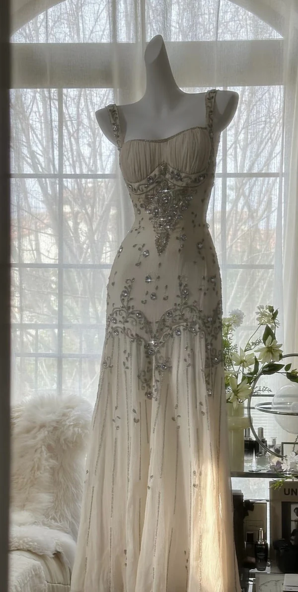 Ivory A Line Straps Beaded Chiffon Long Prom Dress Graduation Prom Dress