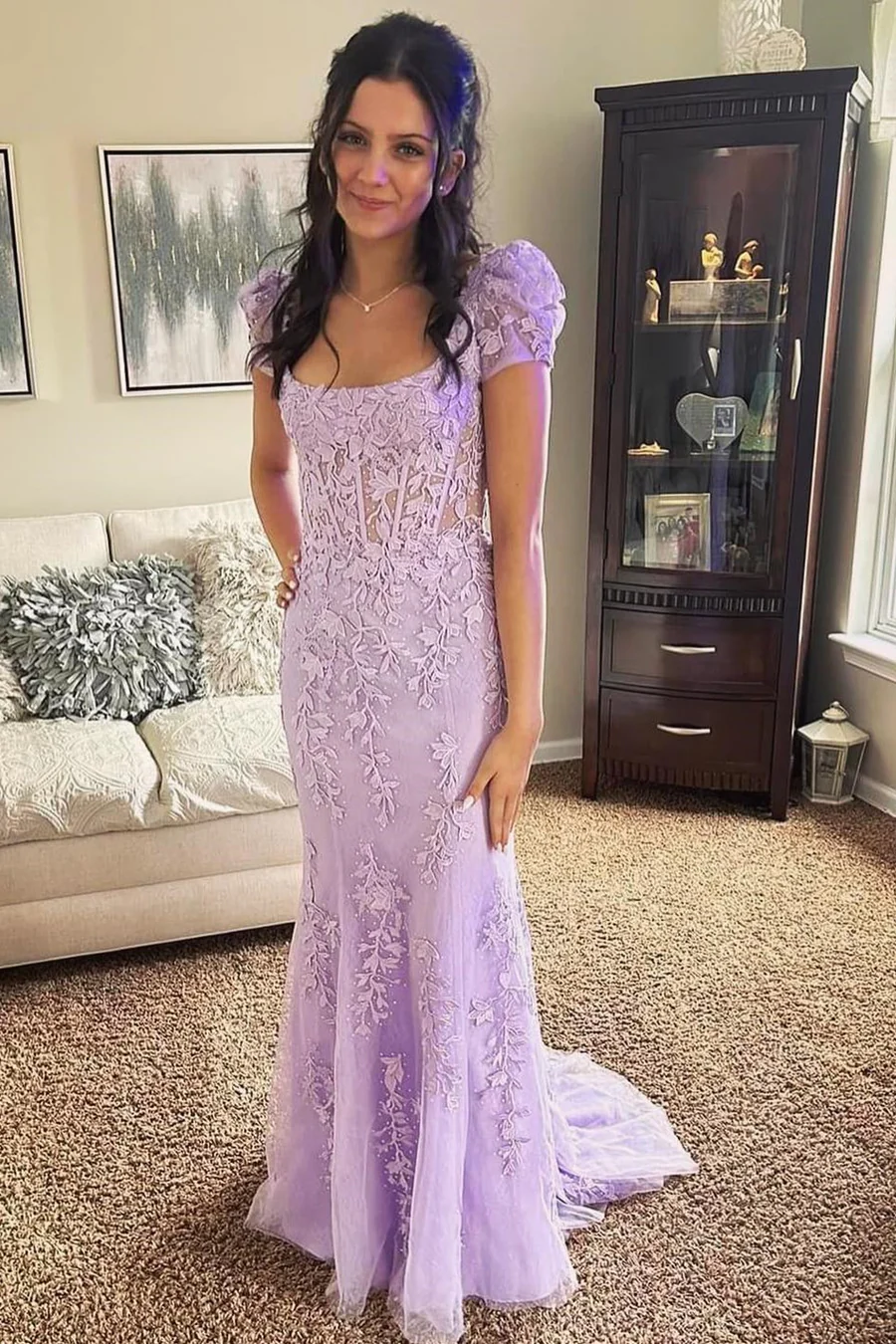 Ivory Square Neck Puff Sleeves Appliques Tulle Long Prom Dress