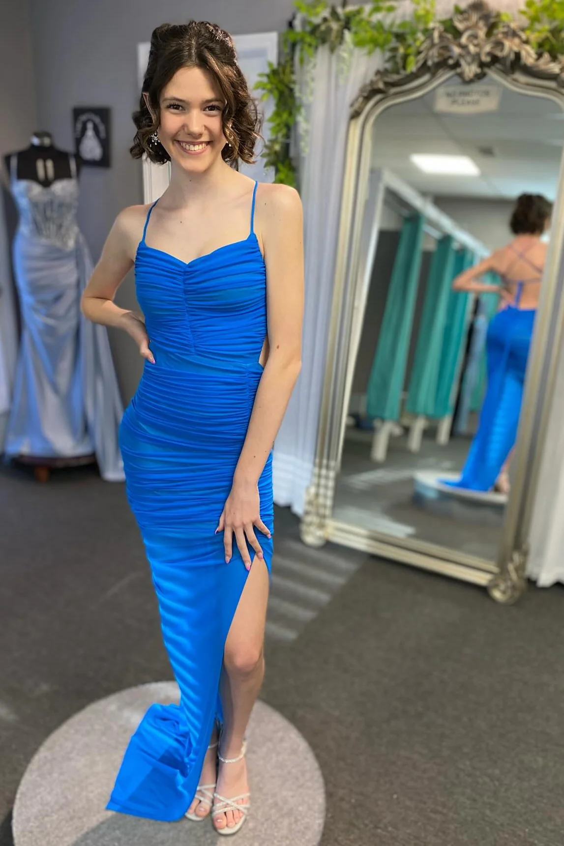 Lace-Up Back Mermaid Ruched Maxi Dress with Slit in Light Blue