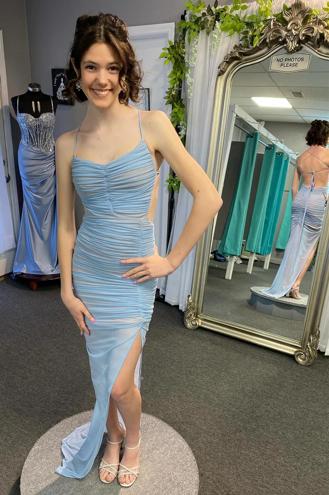 Lace-Up Back Mermaid Ruched Maxi Dress with Slit in Light Blue