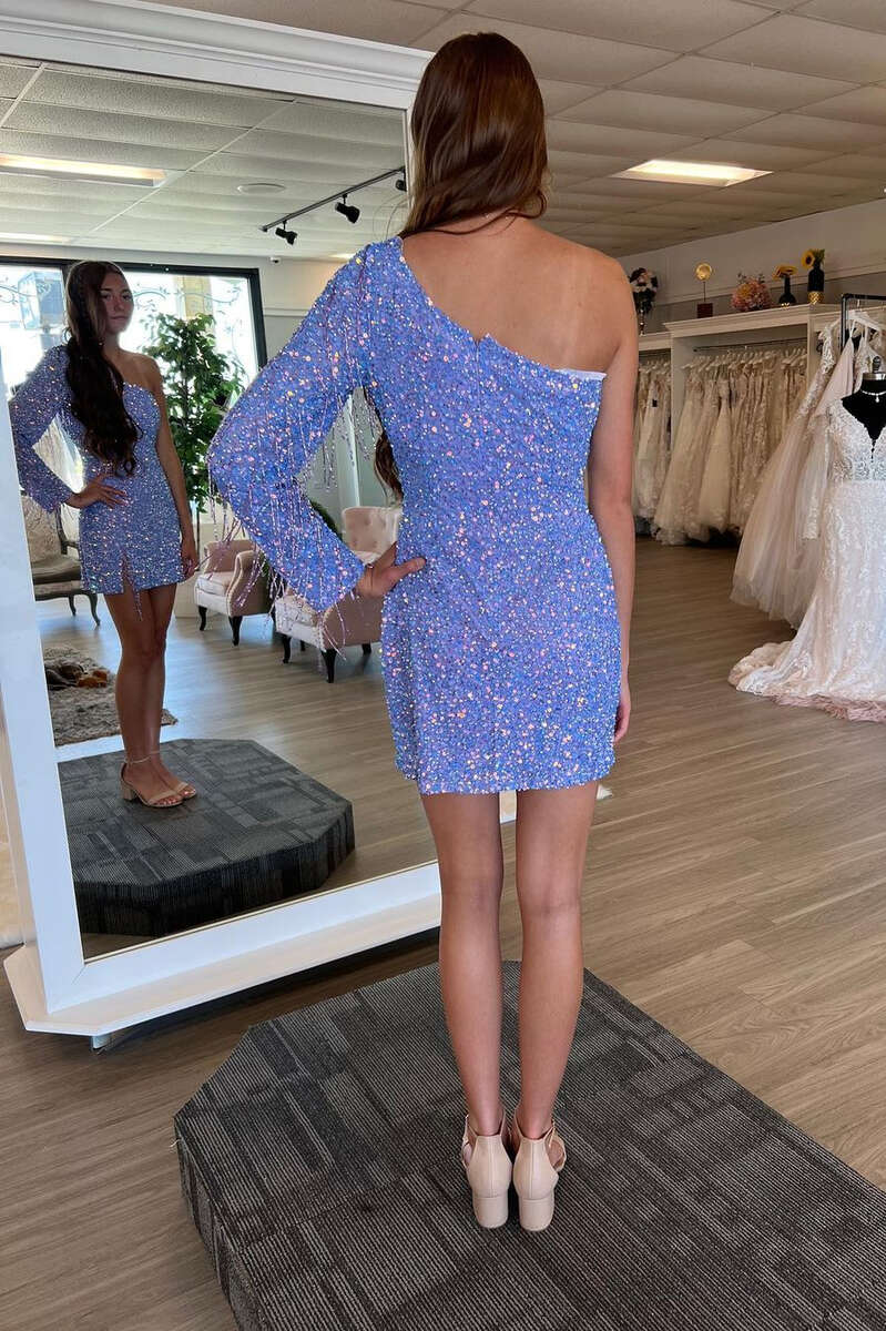 Lavender Sequin One Sleeve Fringe Short Homecoming Dress
