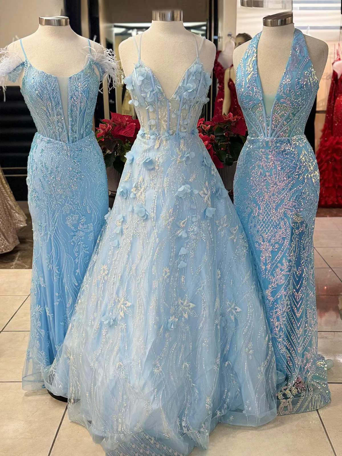 Light Blue 3D Flower Lace V-Neck A-Line Long Prom Dress