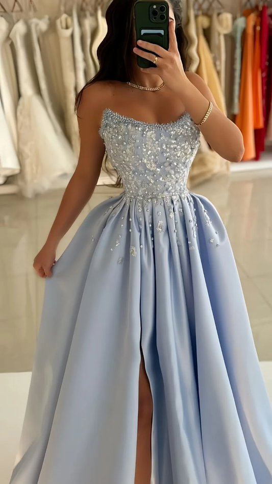Light Blue Beaded Long Prom Dresses Ball Gown Evening Party Dress With Slit
