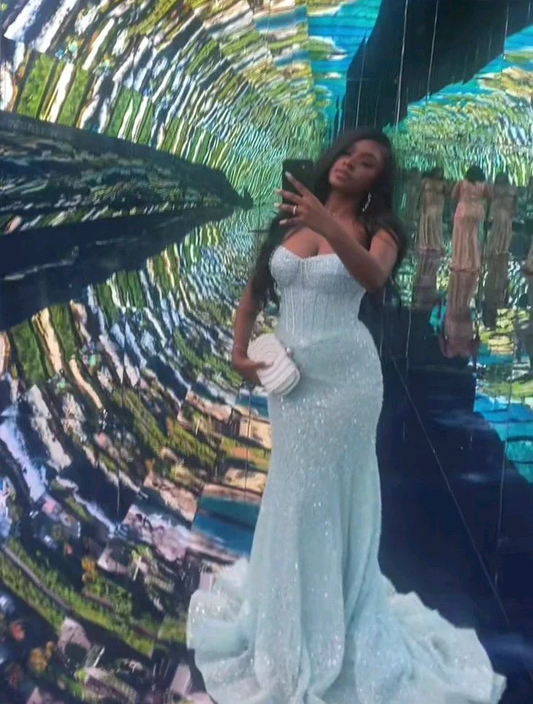 Light Blue Mermaid Long Prom Dresses Formal Evening Dress