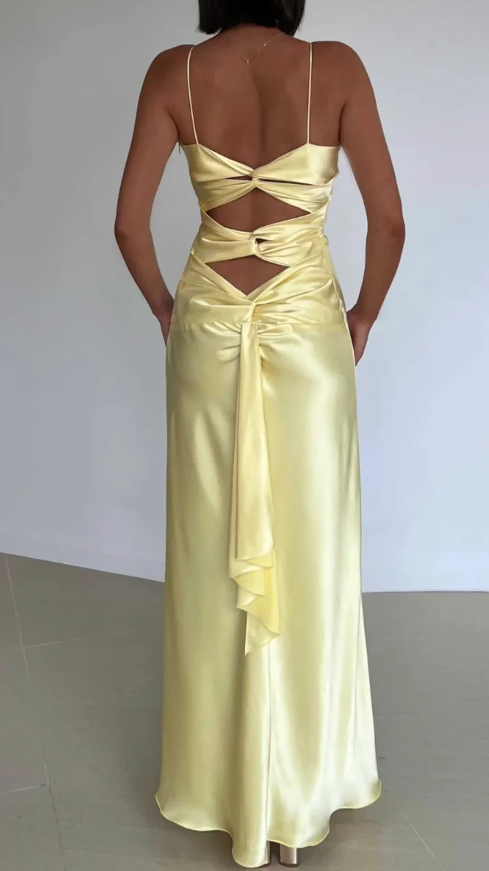 Light Yellow V Neck Straps Long Party Dress Wedding Guest Dres