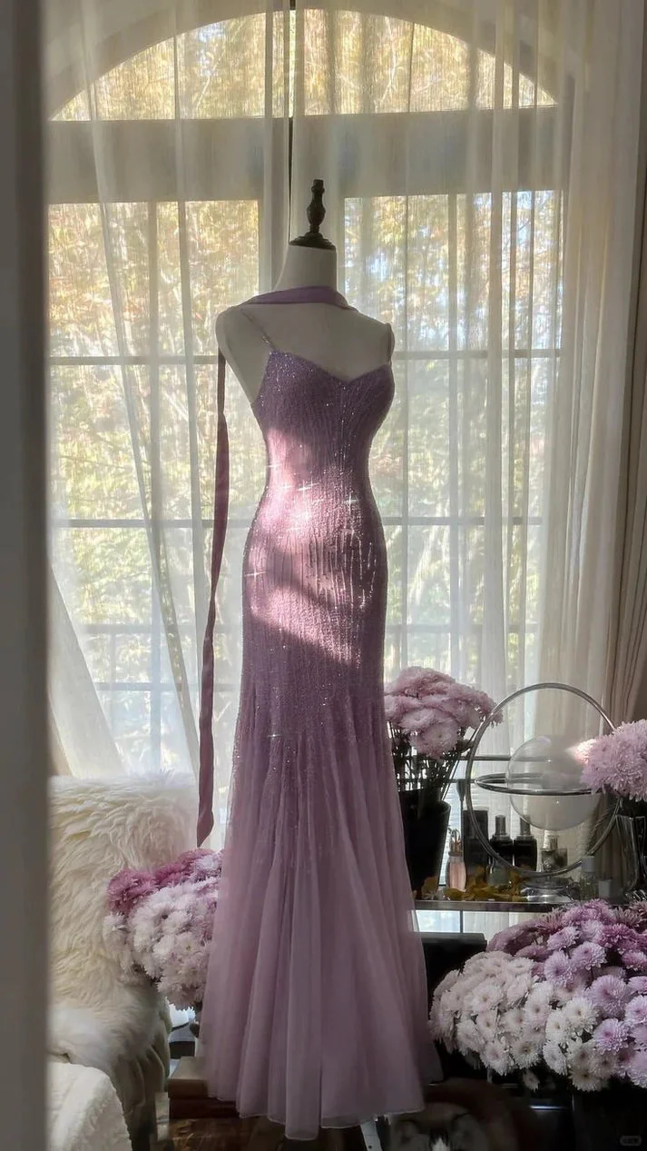 Lilac Mermaid Spaghetti Strap Beaded Chiffon Long Prom Dress Graduation Prom Dress