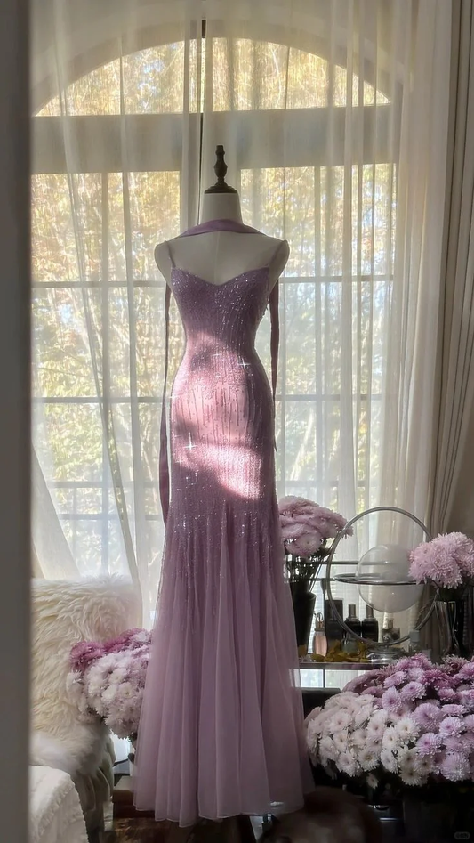 Lilac Mermaid Spaghetti Strap Beaded Chiffon Long Prom Dress Graduation Prom Dress